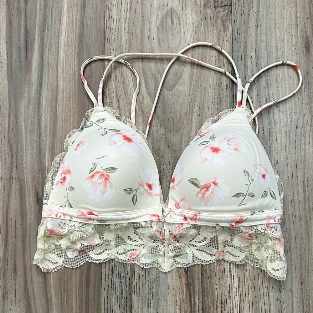 PINK Victoria's Secret Floral Lace Bralette - Cream and Pink
